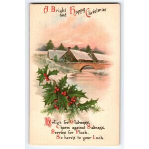 Vintage Christmas Postcard Snowy Cottage with Holly Berries Poem